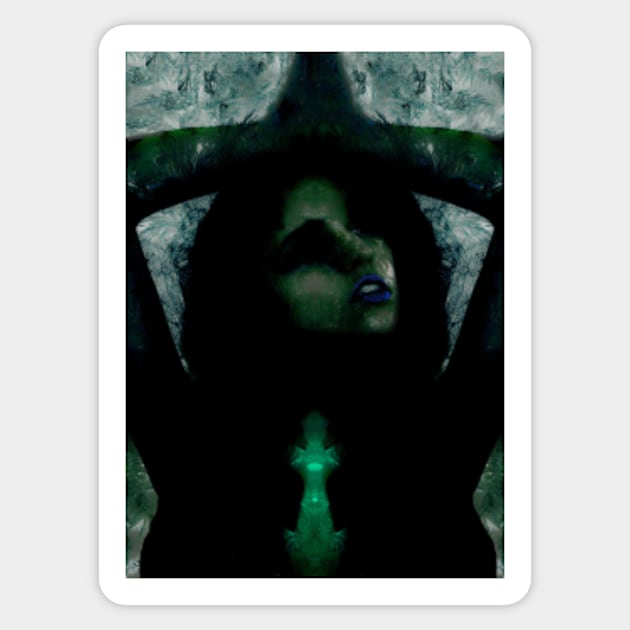 Portrait, digital collage, special processing. Beautiful but dark, like witch, woman. Tale. Green and blue. Sticker by 234TeeUser234